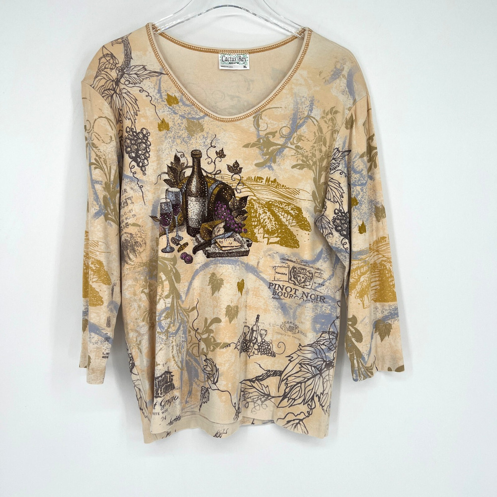 Cactus Bay Top Womens XL‎ Wine Embellished Jewel Pinot Noir Y2K Floral Sparkle